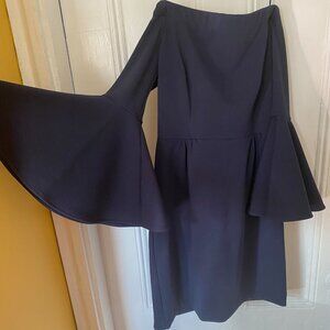 Trina Turk Off the Shoulder Navy Sheath Dress With Bell Sleves